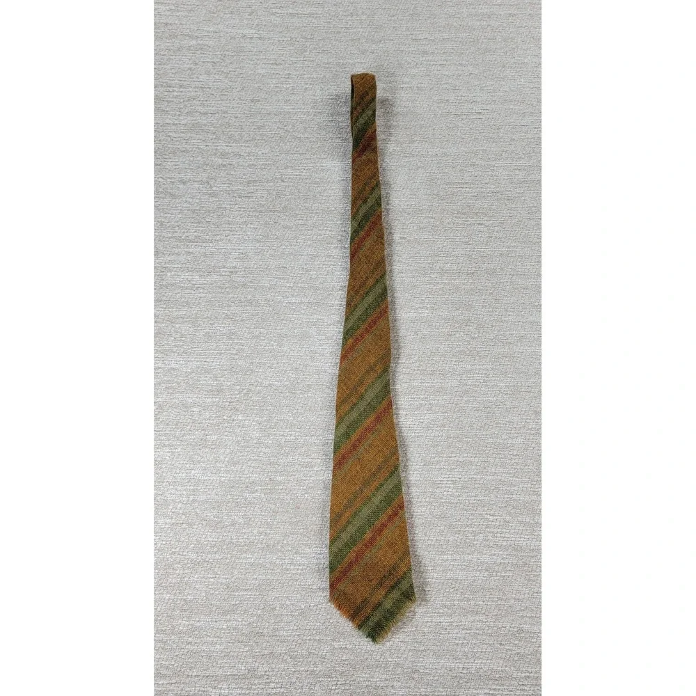 Scottish Lambswool Skinny Tie 100% Pure New Wool Raw Fringe Hem Striped Orange